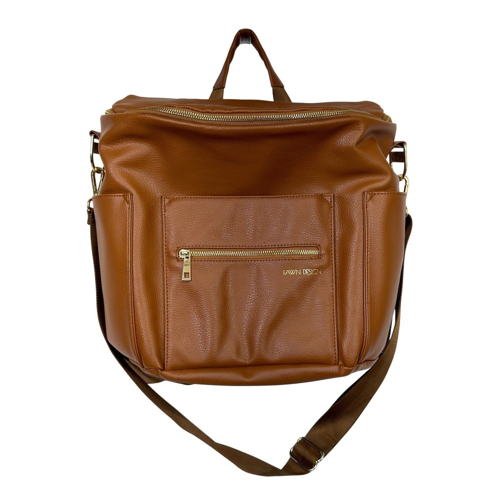 Fawn Design Large Diaper Bag‎ Backpack Cognac Vegan Leather Convertible